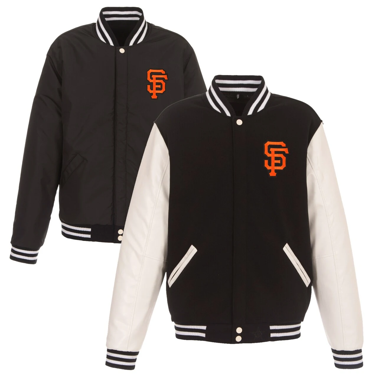 Men's San Francisco Giants JH Design Black Reversible Fleece Jacket With Faux Leather Sleeves 3 Men's San Francisco Giants JH Design Black Reversible Fleece Jacket With Faux Leather Sleeves